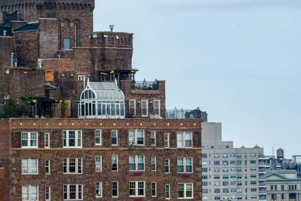 Brick apartment building roofline in New York City