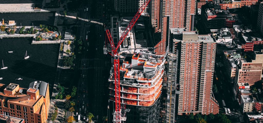 Aerial view of a high-rise under construction in Manhattan