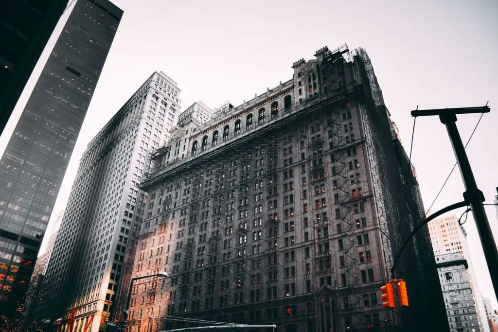 Historic New York building with sidewalk scaffolding